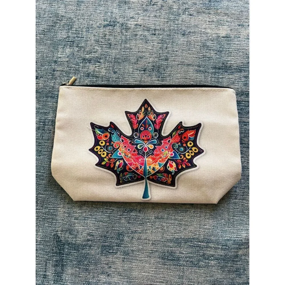 Colorful Maple Leaf Cotton Canvas Small Makeup Bag Travel Toiletry Pouch